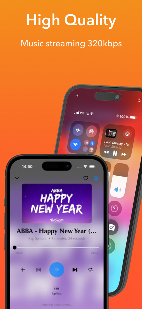 Musi X: Stream Music Player AI - Screenshot of Musi X app interface showing high quality 320kbps music streaming and integrated iOS playback controls