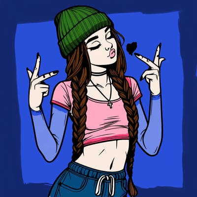 realistic teenage girl with braids and a beanie and crop top doing 🫶🏼
