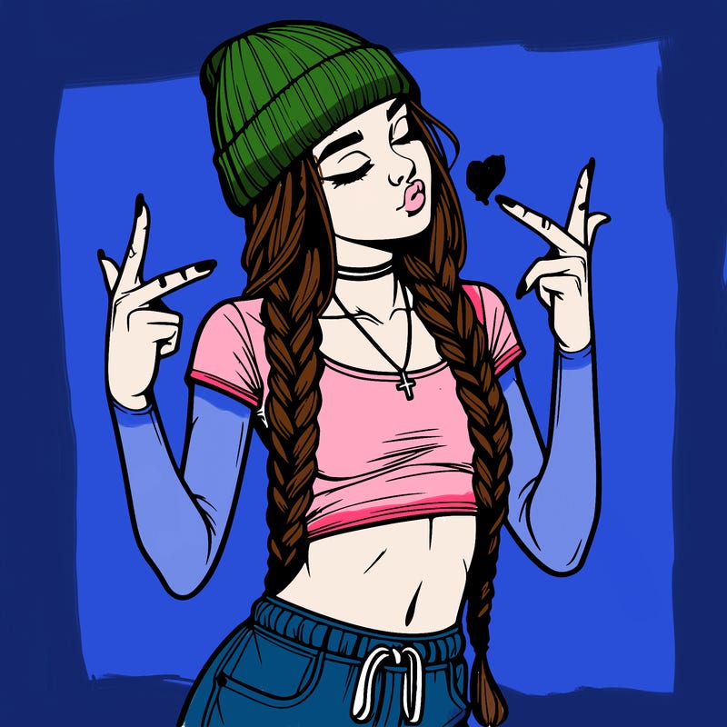 realistic teenage girl with braids and a beanie and crop top doing 🫶🏼