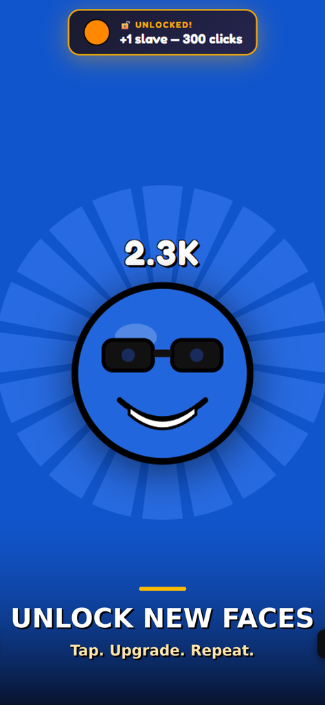 Una pantalla de juego de Fun Clicker Brainrot mostrando un personaje azul con gafas de sol y el texto "unlock new faces" (desbloquear nuevas caras)