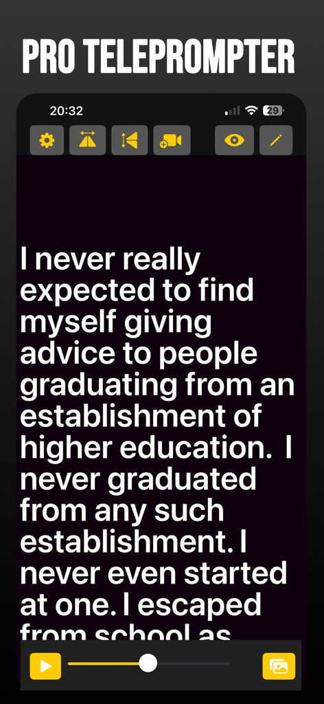 Teleprompter Pro X For Video - Teleprompter Pro X mobile app interface displaying a scrolling script for professional video recording