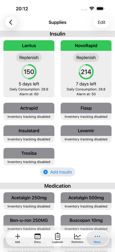 Tela de suprimentos do aplicativo DiabetesPal mostrando estoque de insulina e rastreamento de dias restantes