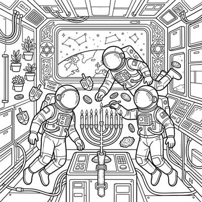 Experience an unparalleled Hanukkah celebration floating among the stars with our exclusive coloring page featuring ISS astronauts. Light the menorah and spin dreidels in zero gravity, bringing this cosmic holiday scene to vibrant life with your creativity.