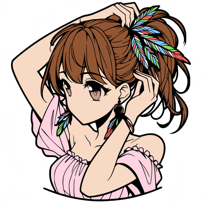 anime girl tucking her hair behind her ear with feathered earrings