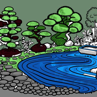 a serene zen garden with raked gravel, bonsai trees, and tranquil ponds