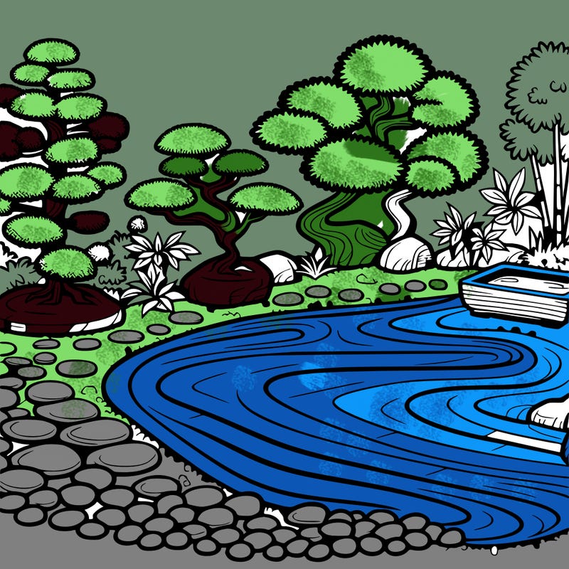 a serene zen garden with raked gravel, bonsai trees, and tranquil ponds