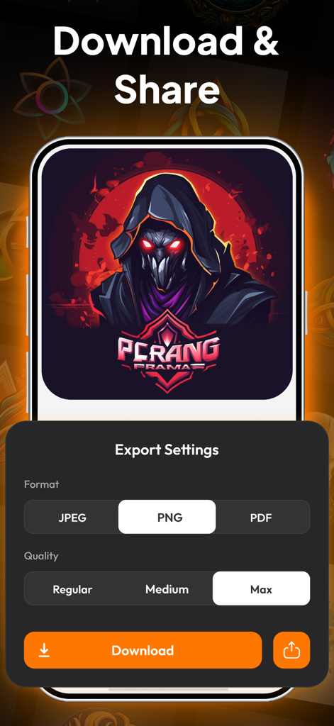 Logo Maker - Design Creator * - Un'interfaccia dell'app mobile che mostra le impostazioni di esportazione del logo con opzioni per il formato PNG e la qualità massima.