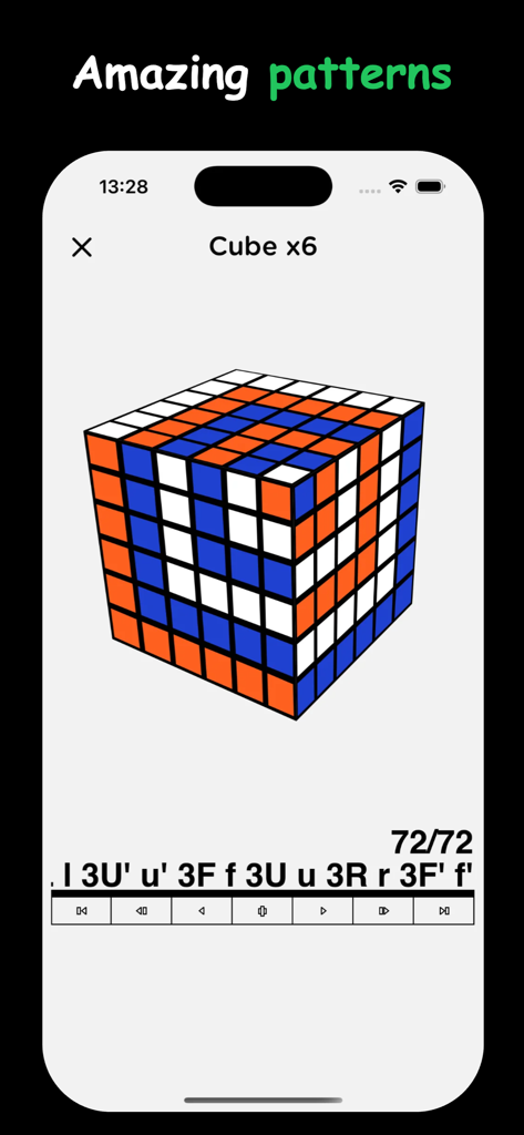 Rubix Cube Solver and Guide - A 6x6 virtual Rubiks cube showing an intricate color pattern on the Amazing Patterns screen of the app