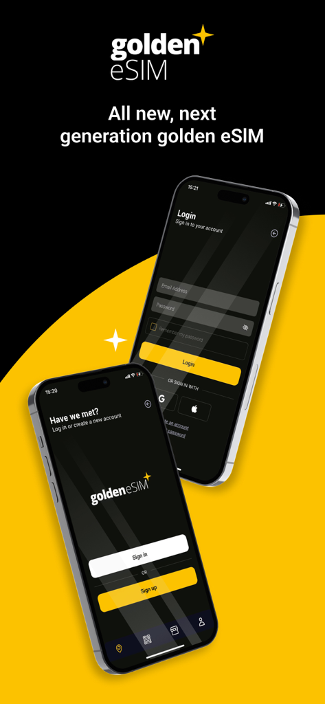 Golden eSIM - Global Internet - Pantallas de inicio de sesión y registro de Golden eSIM mostradas en dos teléfonos móviles