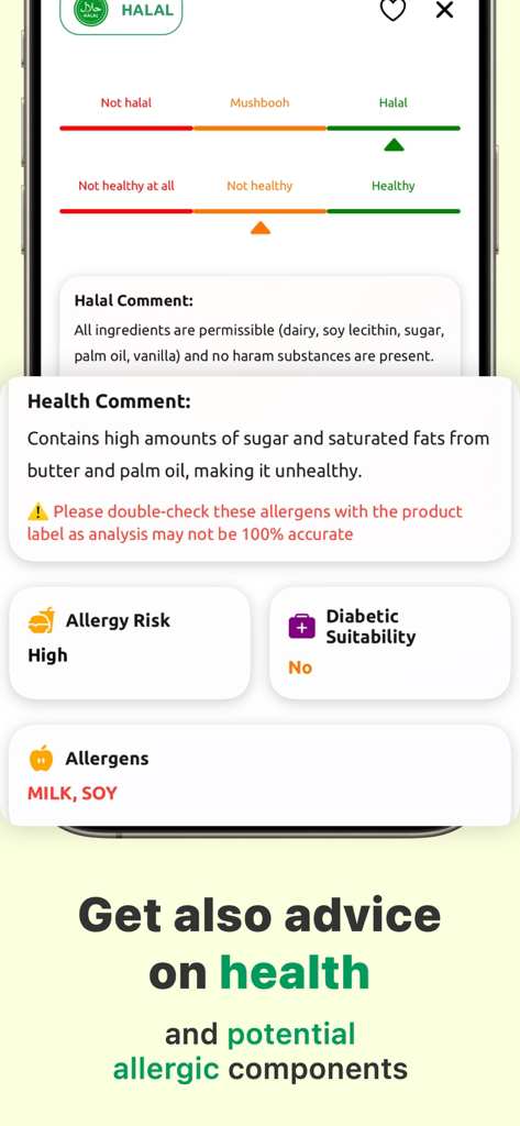 Halal Scanner AI Food Analyze - Mobile App-Bildschirm, der Halal-Status, Gesundheitsbewertungen, Allergierisiken und Informationen zur Eignung für Diabetiker anzeigt