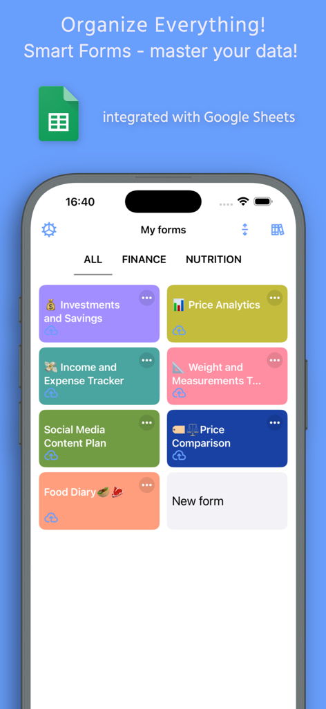 Mobile app interface of Spreadsheet data entry showing a dashboard of custom smart forms integrated with Google Sheets
