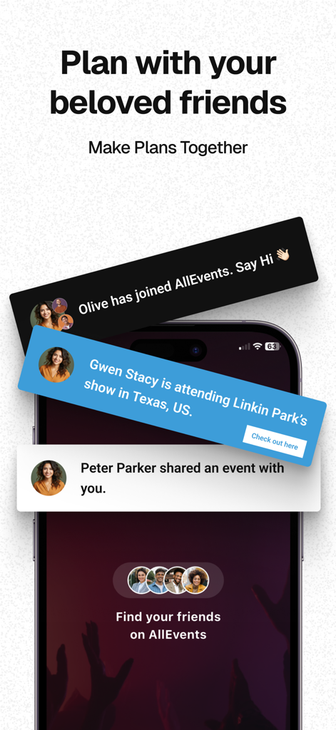Social event planning and friend notifications on AllEvents app