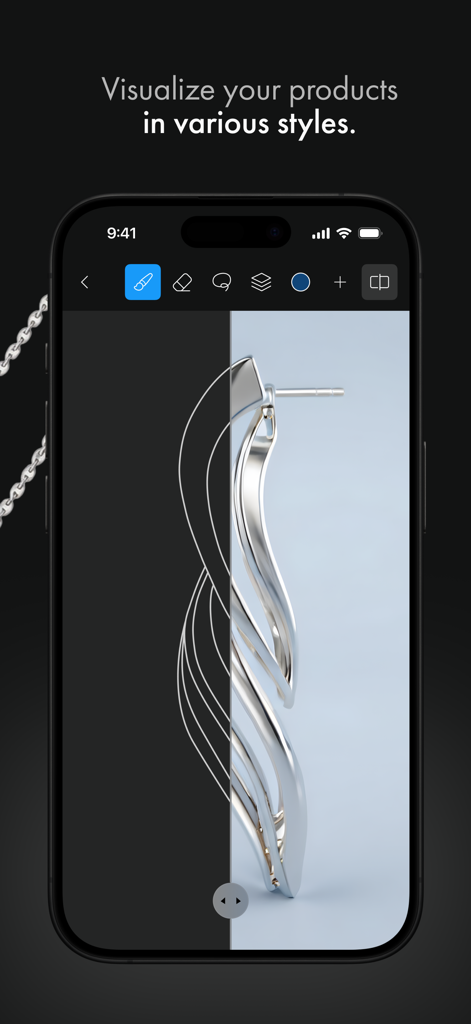 A side-by-side comparison of a wireframe jewelry sketch and a photorealistic silver earring render in the BLNG AI app.