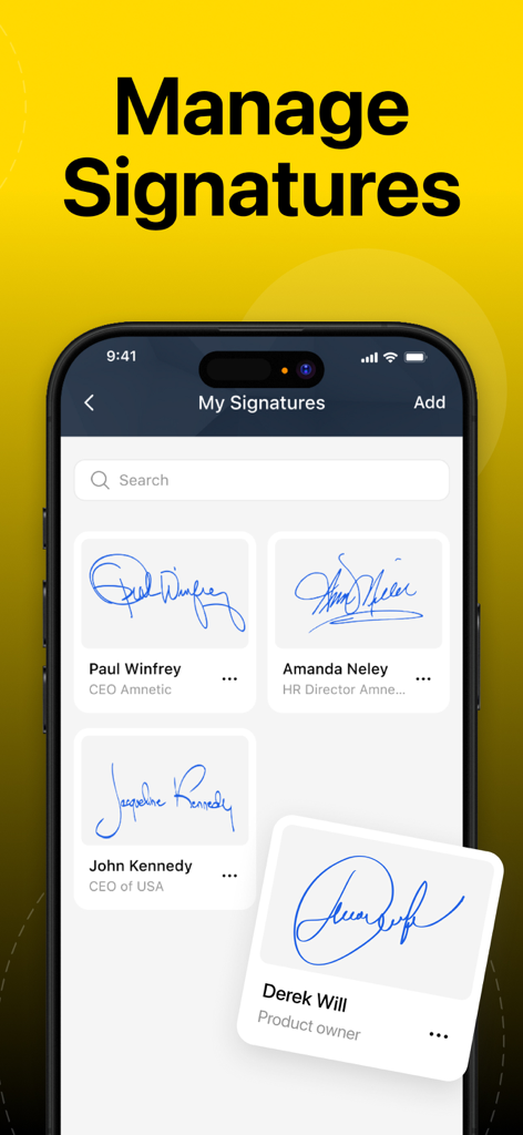 Mobile App-Oberfläche, die eine Liste gescannter handschriftlicher Unterschriften zur Verwaltung anzeigt