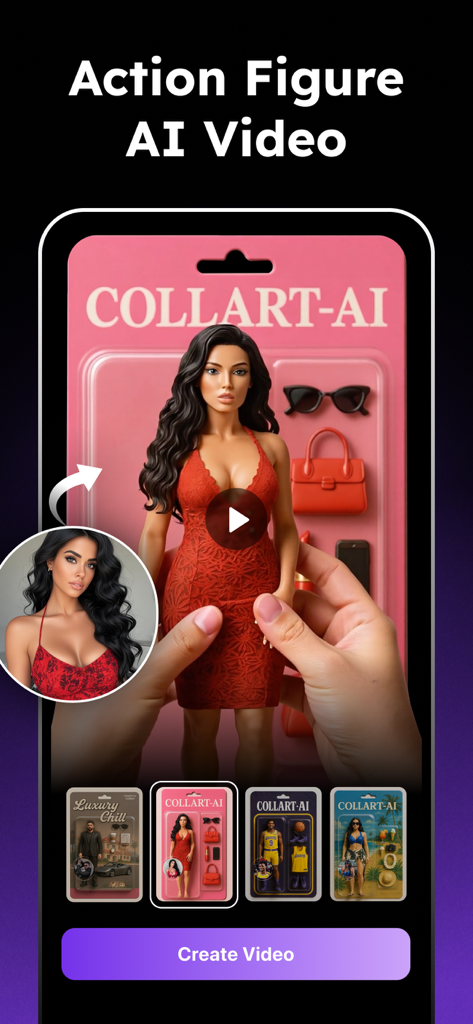 Pixelance: AI Video Generator - Interface do aplicativo de IA mostrando uma foto de retrato sendo convertida em um boneco de ação personalizado em uma caixa