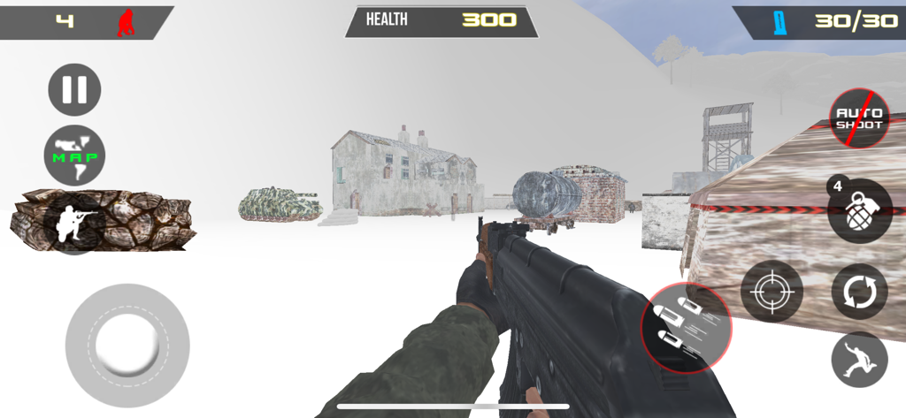 Last Day of Winter: Epic War - Perspectiva de disparos en primera persona en un entorno invernal nevado con un rifle de asalto y edificios militares.