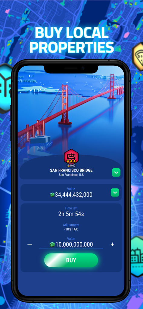 Get Rent: Trade Real Estate - Pantalla del juego móvil mostrando una compra virtual de bienes raíces del Puente de San Francisco en la aplicación Get Rent