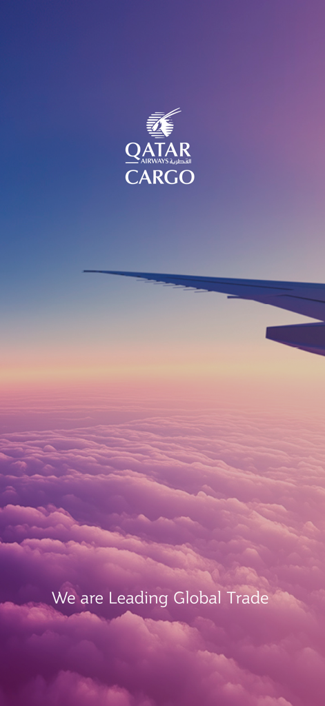 Qatar Airways Cargo app splash screen with an airplane wing over purple clouds and the tagline We are Leading Global Trade