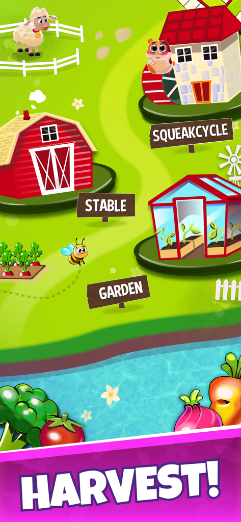 Colorful cartoon farm map for the Harvest mini game in the Burraco app showing a garden stable and cute animal characters