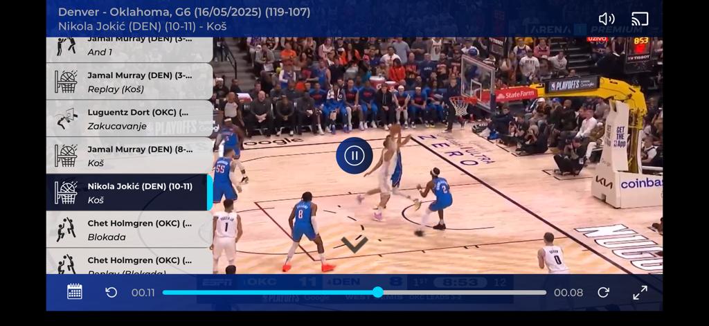 Arena Cloud mobile App-Oberfläche, die ein Live-NBA-Basketballspiel mit einer Seitenleiste der letzten Punktestände und Spielerstatistiken streamt