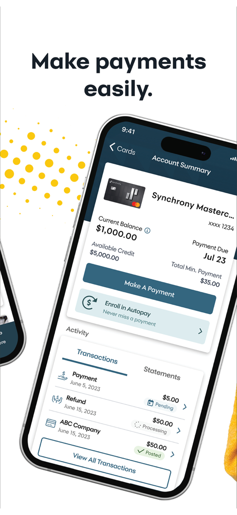 Mobile app screen showing account summary and payment options for MySynchrony credit cards.