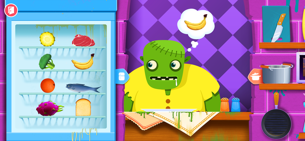 Cooking Games for kids - A green monster character thinking about bananas next to a refrigerator stocked with food in a kids cooking game