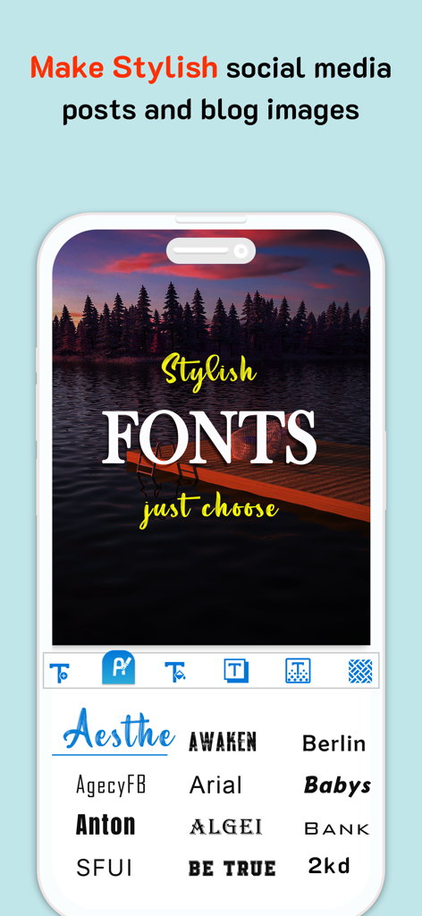 Add text to Photos - Text Art - App interface showing a variety of stylish font options to create social media posts and blog images
