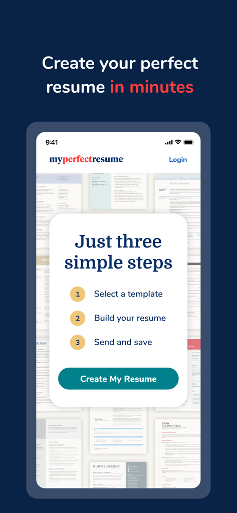 Mobile app interface displaying three steps to create a resume including selecting a template, building, and saving.