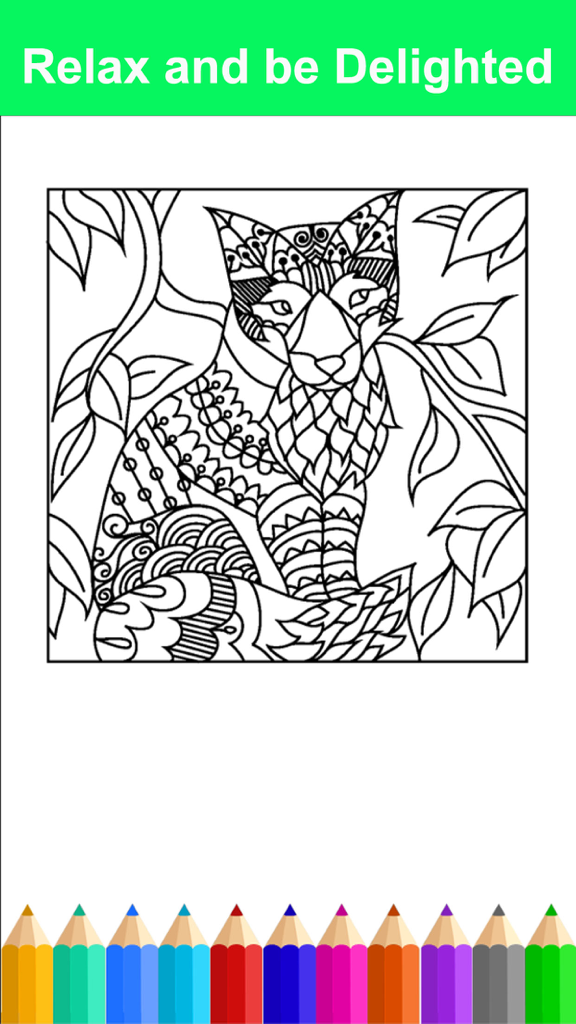 Mandala Adult Coloring Book Free Stress Relieving - A black and white fox mandala drawing for coloring in an adult coloring app with a row of colored pencils at the bottom.