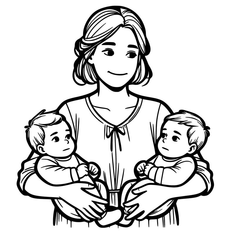 one woman holding two babies by herself realistic