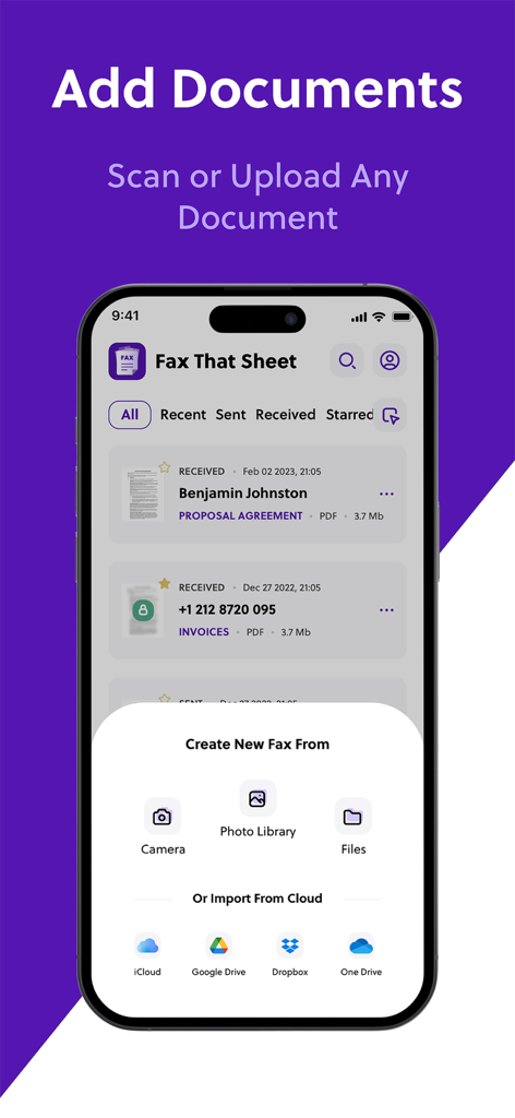 Interface of the Fax That Sheet app showing options to scan or upload documents from camera and cloud storage