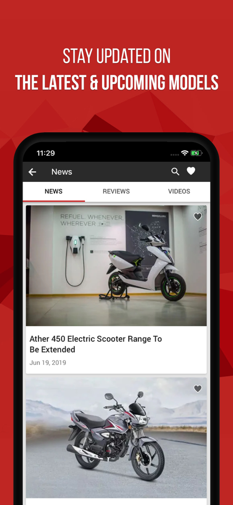 BikeDekho - BikeDekho app news screen displaying articles and reviews for latest and upcoming motorcycle and scooter models.
