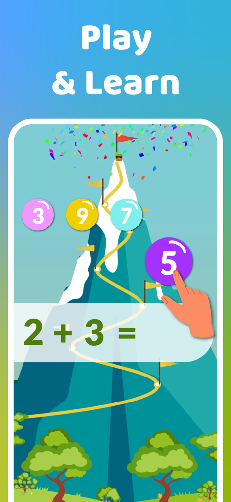 Pantalla de un juego de matemáticas para niños que muestra un problema de suma simple con burbujas de números interactivos.