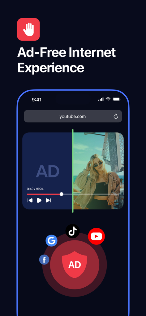 Smartphone screen demonstrating ad blocking on YouTube and social media apps for an ad-free experience.