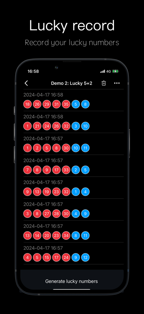 Random Picker - 3D Lucky Ball - Un écran montrant un enregistrement des numéros chanceux générés affichés sous forme de boules rouges et bleues avec des horodatages