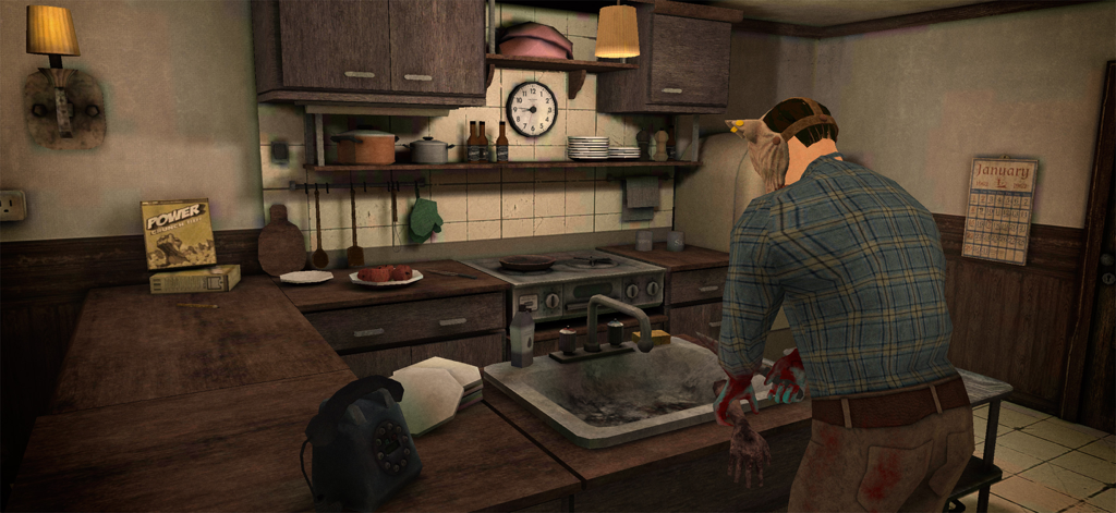 911: Cannibal (Horror Escape) - Un maníaco caníbal enmascarado de pie junto a un fregadero en una cocina oscura en el juego de terror 911 Cannibal.