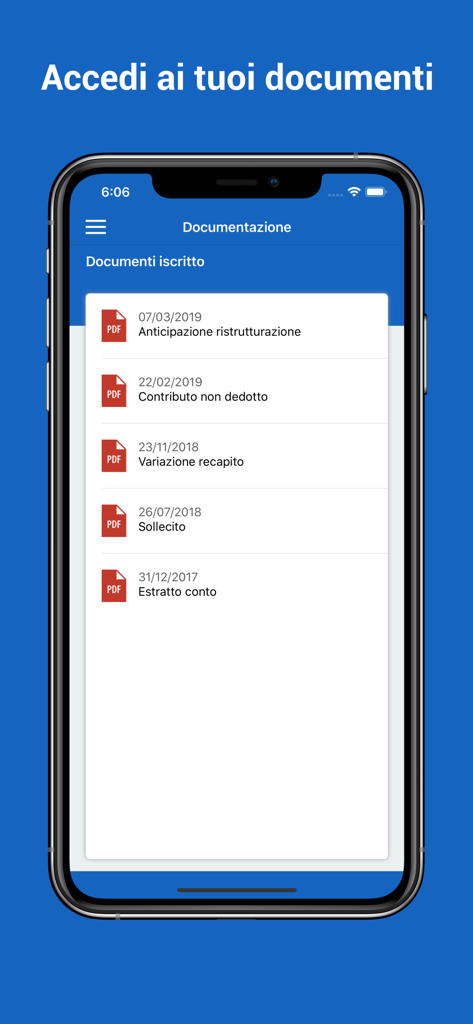 Smartphone screen of the Fondo Cometa app showing a list of pension documents including account statements and contribution records