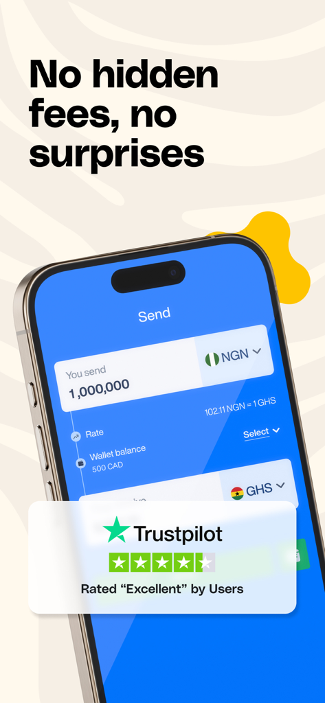 Afriex - Money transfer - Interfaz de la aplicación Afriex que muestra la conversión de divisas entre Nigeria y Ghana con una excelente calificación de Trustpilot