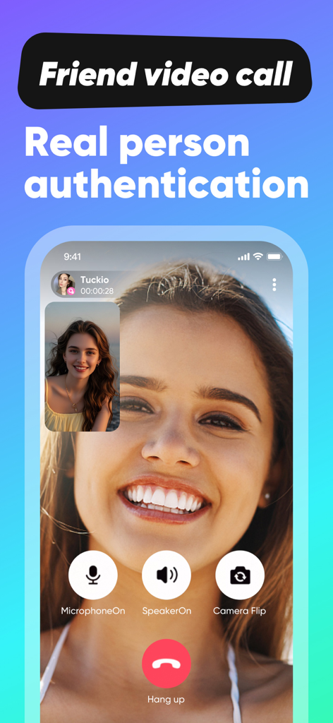 Zestr - Interface de l'application Zestr montrant un appel vidéo ami en haute définition avec authentification de personne réelle.
