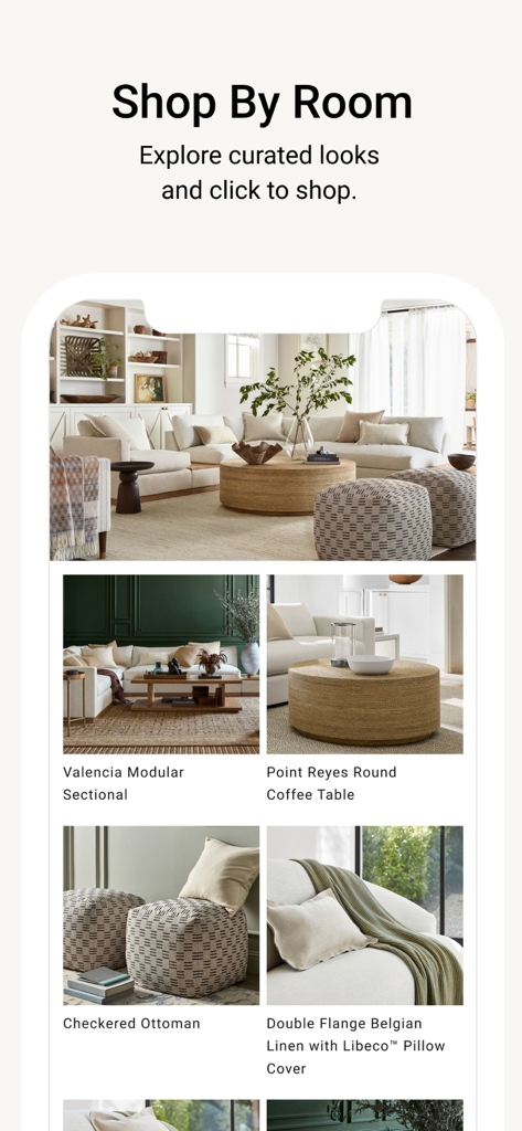 Williams Sonoma app interface showing the Shop By Room feature with curated living room furniture looks
