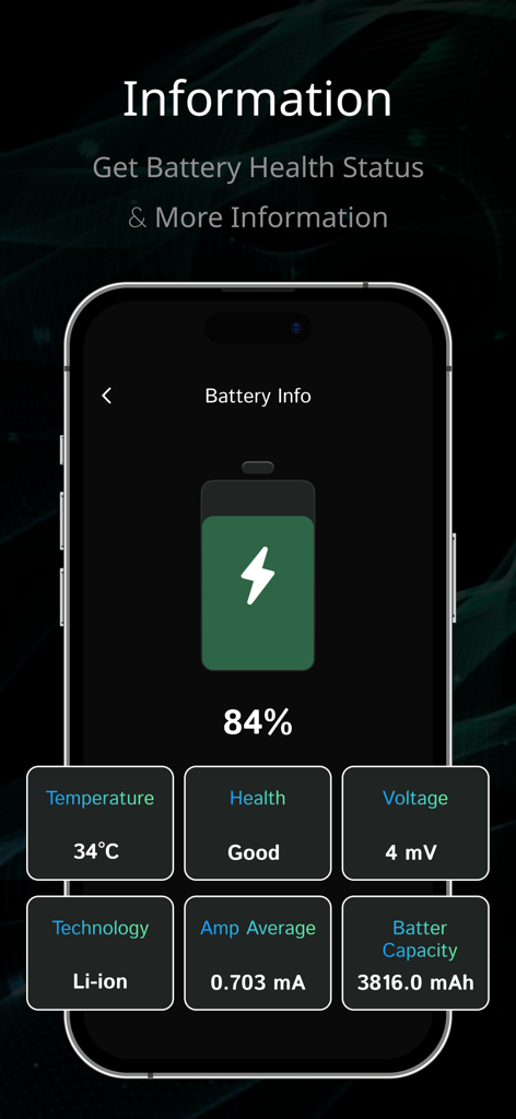 Battery Health - Charge Saver - Battery health status screen showing capacity and temperature on an iPhone.