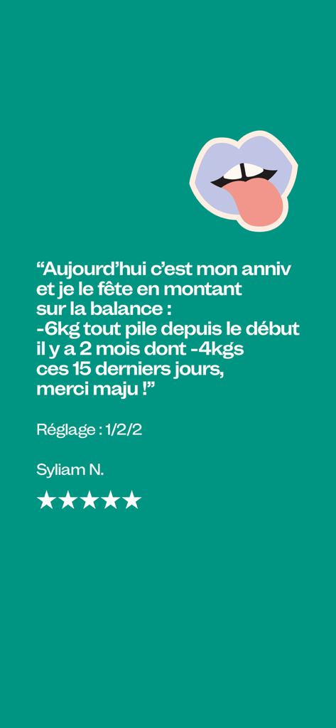 A user testimonial for the maju app celebrating a 6kg weight loss over two months with a five-star rating