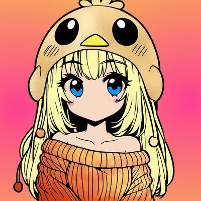 anime girl with chick shaped hat with sweater with bare shoulders with bangs covering them one eye with low tail