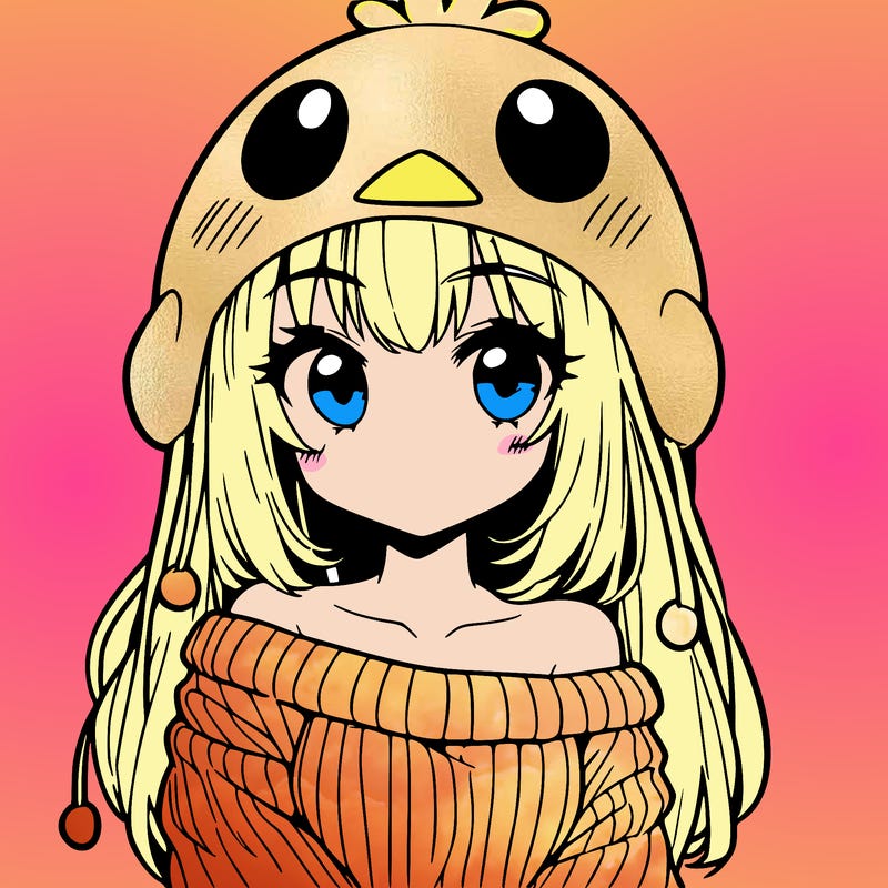 anime girl with chick shaped hat with sweater with bare shoulders with bangs covering them one eye with low tail