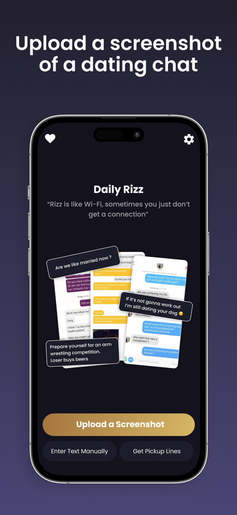 Flirt Ai, Wingman for Pick Up - Interface de l'application Flirt Ai pour télécharger des captures d'écran de conversations de rencontres afin de générer des phrases d'accroche IA et du charme.