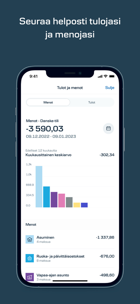 Income and expense tracking dashboard in the Mobiilipankki FI app