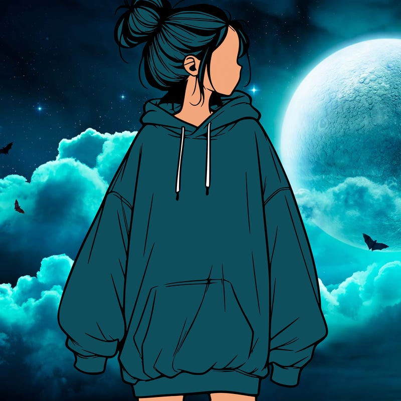 realistic girl with a oversized sweatshirt on and a bun