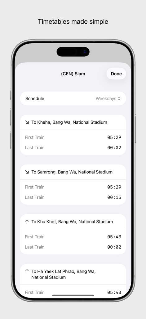 Smartphone screen displaying train timetables and schedules for the Bangkok City Metro app