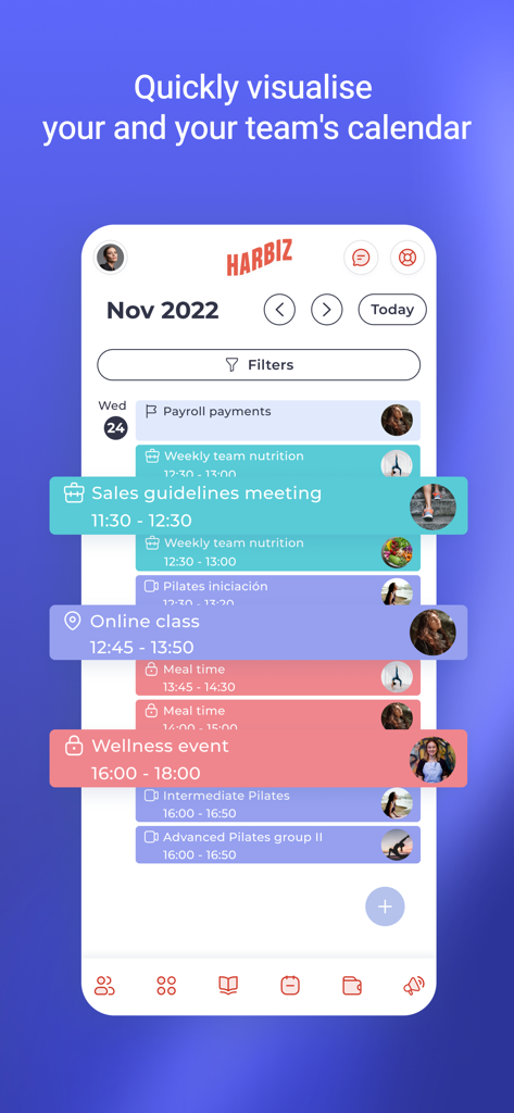 Harbiz Manager - Una captura de pantalla de la aplicación Harbiz Manager que muestra un horario diario con diversas tareas de fitness y bienestar como reuniones, clases en línea y sesiones de pilates.