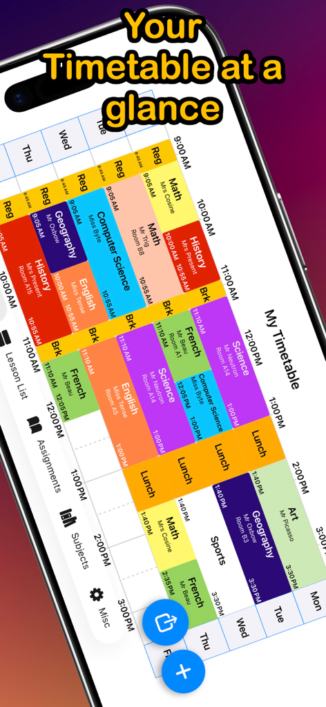 School Timetable Pro Schedule - A colorful grid view of a school timetable on an iPhone showing various subjects and times.
